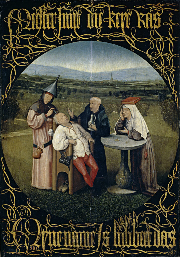 Hieronymus Bosch imzalı bir tablo: Taş Kesilmesi (1494 civarı). 48 cm × 35 cm boyutlarındaki ahşap üzerine yağlı boya resim, Museo del Prado'de konumlanmaktadır. 